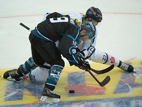 Jason Ulmer, Linz und Peter Flache, Straubing, EHC Liwest Black Wings Linz vs Straubing Tigers
