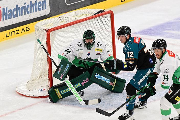Tormann Lukas Horak (HK Olimpija Ljubljana), Trenton Bliss (Steinbach Black Wings) 3. Runde ICE, Steinbach Black Wings Linz vs Olimpija Ljubljana, Linz AG Eisarena 