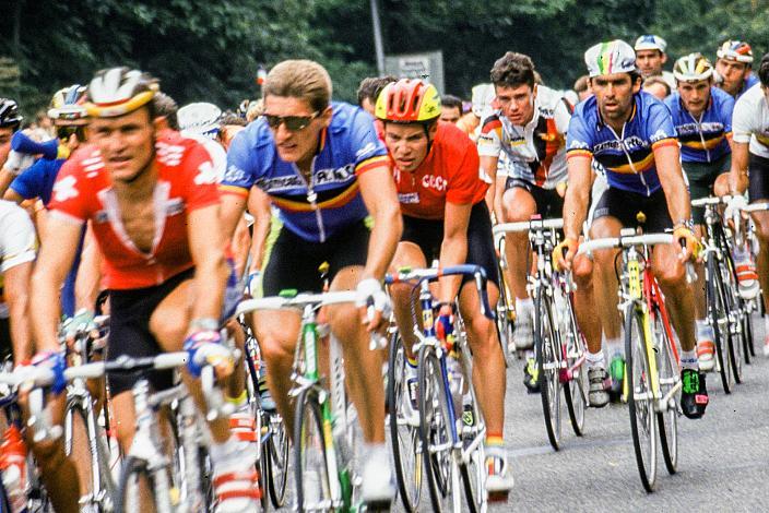 v.l. Viatcheslav Ekimov (RUS), Udo Bölts (GER), Claude Criquelion (BEL), Herren Profi Rennen, Strasse WM Stuttgart, 1991