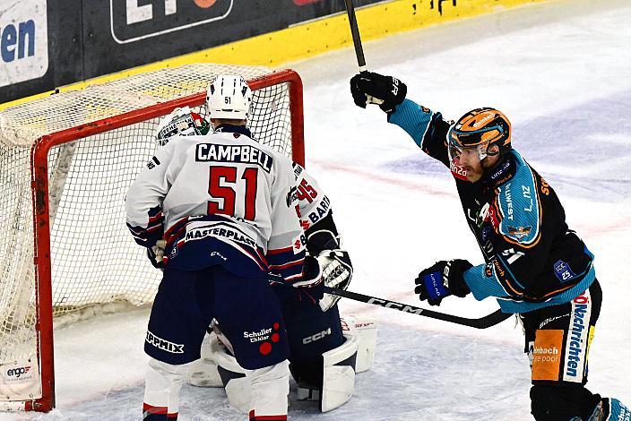 Sean Collins (Steinbach Black Wings Linz) feiert das Tor zum 1. zu 0,  Win2Day ICE Hockey League,  Steinbach Black Wings Linz vs Tiwag Innsbruck - Hydro Fehervar AV 19