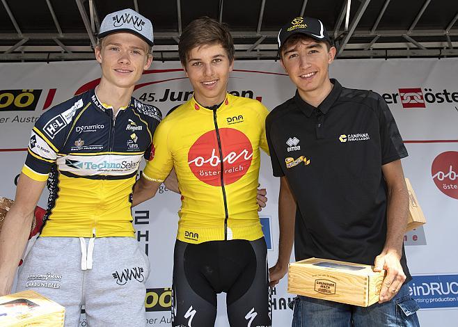 v.l. Podest Gesamt und Tagesergebnis 2. Platz Vegard Stokke (NOR, Willebrord Wil Vooruit), Etappensieger und Gesamtsieger Marco Brenner (GER, Auto Eder Bayern) 3. Platz Edoardo SANDRI (ITA, Campana Imballaggi Rotogal) 3. Etappe Bad Wimsbach - Gmundner Berg, OberÃ¶sterreich Junioren Rundfahrt