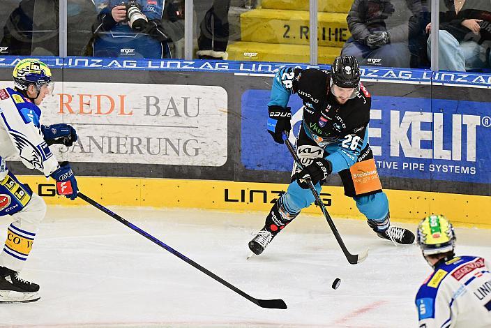 Travis Barron (Steinbach Black Wings Linz), Felix Maxa (EC iDM Wärmepumpen VSV),  Spiel 2 Pre-Playoffs,  ICE, Steinbach Black Wings Linz vs EC iDM Wärmepumpen VSV, Linz AG Eisarena 