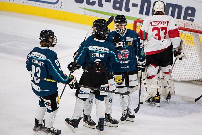 Das Team der Eishockey Akademie Oberösterreich feiert das Tor zum 1 zu 0, Eishockey Akademie Oberösterreich vs EC KAC, bet-at-home ICE Junior Hockey League