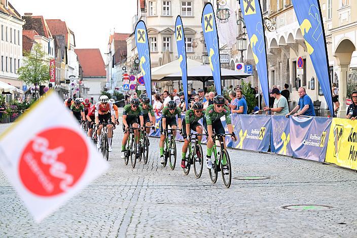 Valentin Poschacher (AUT, Hrinkow Advarics), Riccardo Zoidl (AUT, Hrinkow Advarics) an der Spitze des Feldes, 27. Int. ASVÖ - HRINKOW City Kriterium Steyr, Herren Elite, ÖRV, Radsport, Mountainbike, ELITE Rennrad