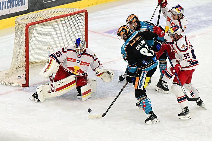 Sean Collins (Steinbach Black Wings Linz) vor Tormann Atte Tolvanen (EC Red Bull Salzburg)  Win2Day ICE Hockey League,  Steinbach Black Wings Linz vs EC Red Bull Salzburg,  Linz AG Eisarena 