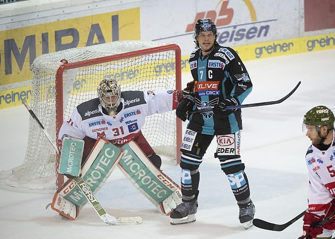 Brian Lebler (EHC Liwest Black Wings Linz), Tormann Irving Leland (HCB Suedtirol Alperia) EHC Liwest Black Wings Linz vs HCB Suedtirol Alperia