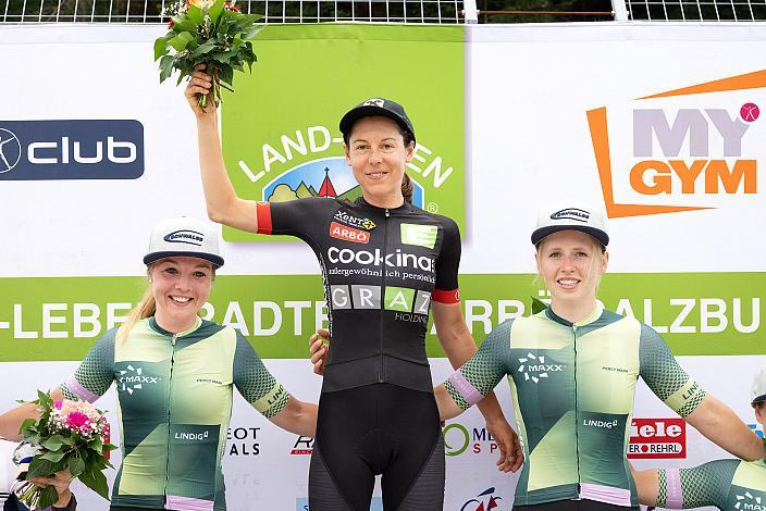 Siegerpodest, 2. Platz Katharina Fox (GER, MAXX-Solar Linding Woman Racing RG), Siegerin Anna Kiesenhofer (AUT, Team Cookina ARBÖ ASKÖ Graz RLM Stmk), 3. Platz Helena Bieber (GER, MAXX-Solar Linding Woman Racing RG),  MYGYM Race am Salzburg Ring, Zeitfahren, ÖRV RadLiga, Radsport, Radliga, ÖRV, Damen Elite, 