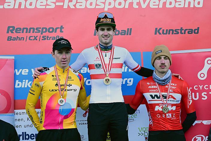 Podest Herren, 2. Platz Kilian Feurstein (AUT, Team Vorarlberg), Staatsmeister  Dominik Hödlmoser (AUT, Hrinkow Advarics), 3. Platz Christian Holzer (AUT, (AUT, WSA KTM Graz), Team Graz ARBÖ)Rad Cyclo Cross, ÖSTM/ÖM Querfeldein, Ciclo Cross, Cycling Austria, Bludenz, VBG