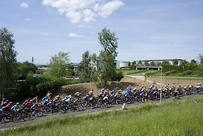 Das Peleton in Geinberg 1. Etappe Eferding - Geinberg, Int. Raiffeisen Oberösterreich Rundfahrt UCI Kat. 2.2