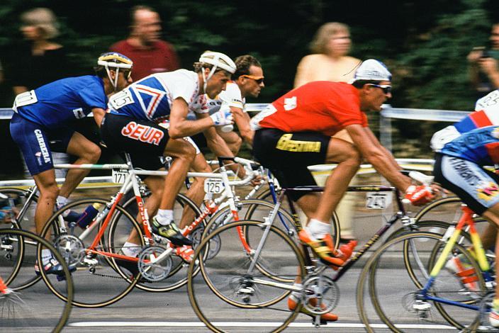 v.l. Alessandro Giannelli (ITA), Malcolm Elliot (GBR), Uwe Ampler (GER), Dmitri Vasiltchenko (RUS), Herren Profi Rennen, Strasse WM Stuttgart, 1991