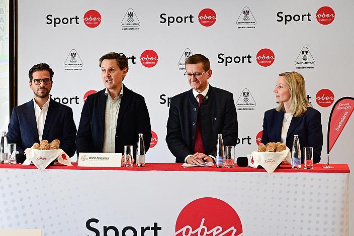 v.l. Mario Rossmann (Präsident Cycling Upper Austria, Oberösterreich), Andreas Winkelhofer (Geschäftsführer OÖ Tourismus), Wirtschafts- und Sport-Landesrat Markus Achleitner (Oberösterreich), Karin Leitner (Vizebürgermeisterin und Sportreferentin der Stadt Linz), Pressekonferenz Int. Raiffeisen Oberösterreich Rundfahrt (UCI Kat. 2.2), Olympiazentrum Linz