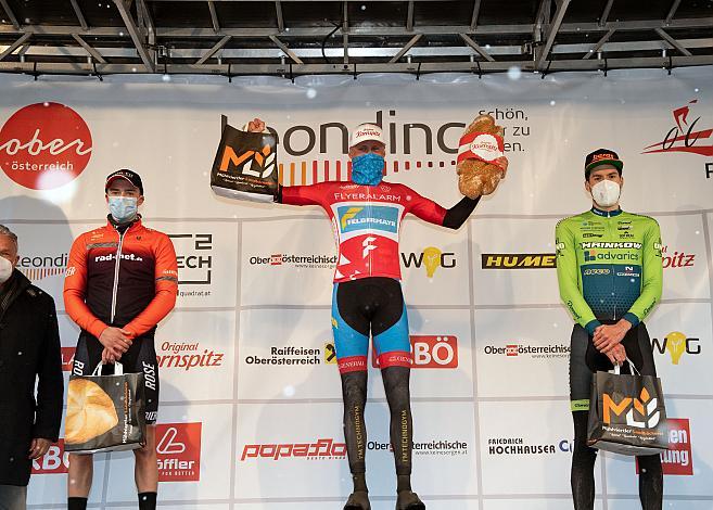 Siegerpodest, 2. Platz Birmin Benz (GER,  rad-net Rose Team), Sieger Moran Vermeulen (AUT, Team Felbermayr Simplon Wels), 3. Platz Jonas Rapp (GER, Hrinkow Advarics Cycleang),  Herren Elite, U23, Radliga, 60. Radsaison-Eröffnungsrennen Leonding, Oberösterreich 