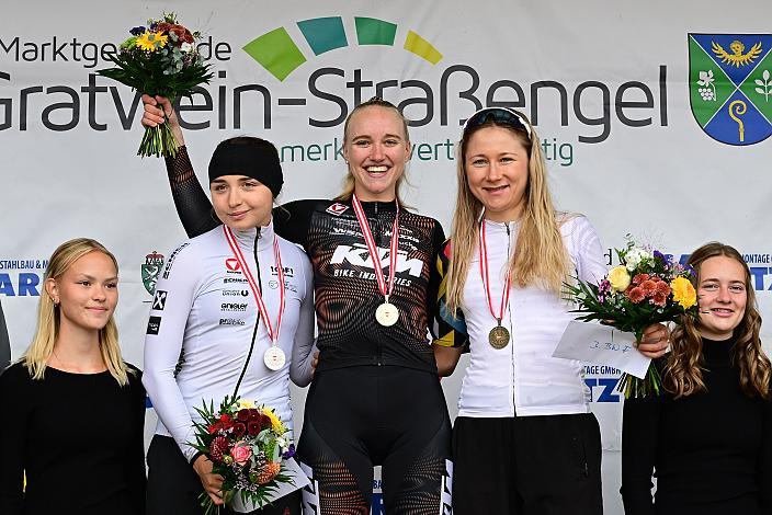 Podest Damen u23 2. Platz Elisa Winter (AUT, Union Raiffeisen Radteam Tirol), Siegerin Katharina Sadnik (AUT, KTM FACTORY MTB TEAM), 3. Platz Magdalena Bernhard,  Road Cycling League, Judendorf - Plesch, Stmk