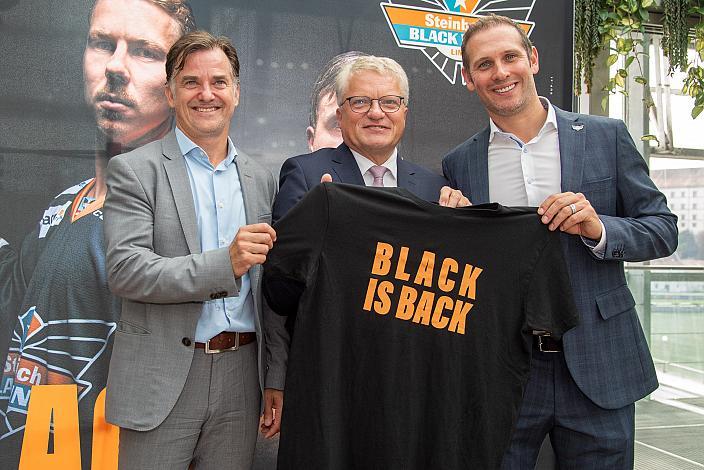 Präsident Peter Nader (Steinbach Black Wings Linz), Linzer Bürgermeister Klaus Luger  , Manager Gregor Baumgartner (Steinbach Black Wings Linz) Pressekonferenz, Steinbach Black Wings Linz, Bet at Home ICE League 