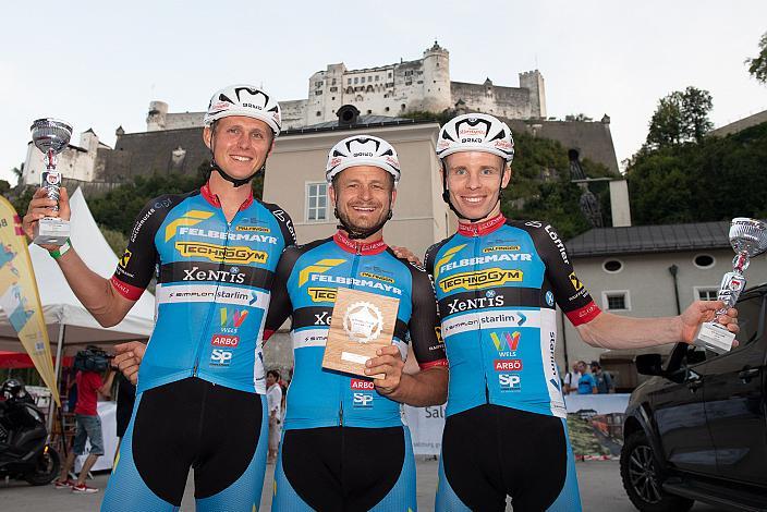 2. Platz Moran Vermeulen (AUT, Team Felbermayr Simplon Wels), Sieger Daniel Federspiel (AUT, Team Felbermayr Simplon Wels), 3. Platz Daniel Lehner (AUT, Team Felbermayr Simplon Wels)  City Hill Climb Salzburg, Festung Hohensalzburg, Radsport, Bergrennen