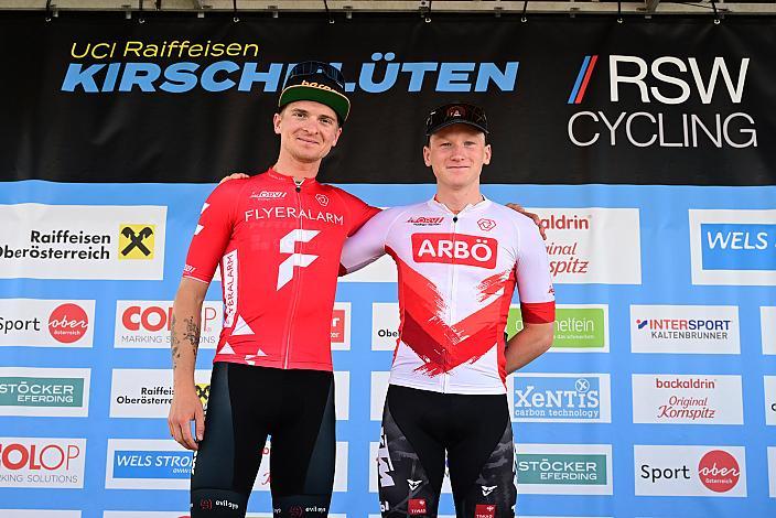 Die Trikotträger v.l. Jaka Primozic (SLO, Hrinkow Advarics), Sebastian Putz (AUT, Tirol KTM Cycling Team), Herren Elite, U23, Road Cycling League Austria, 62. Raika Kirschbluetenrennen, Wels, Oberösterreich