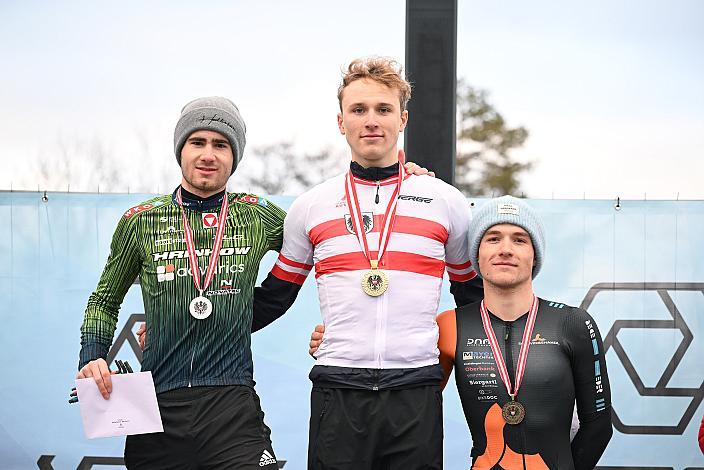 Podest 2. Platz  Dominik Hödlmoser (AUT, Hrinkow Advarics), Meister Herren Elite Lukas Hatz (AUT, Arbö Radrennteam Graz),  3. Platz Adrian Stieger (AUT, Cycling Team Schwingshandl)  Rad Cyclo Cross, ÖSTM/ÖM Querfeldein, Ciclo Cross, Cycling Austria, Maria Enzersdorf, NÖ