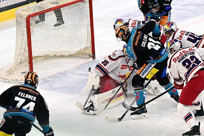  Sean Collins (Steinbach Black Wings Linz) vor Tormann Atte Tolvanen (EC Red Bull Salzburg) Win2Day ICE Hockey League,  Steinbach Black Wings Linz vs EC Red Bull Salzburg,  Linz AG Eisarena 