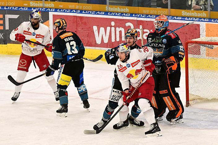 Ali Wukovits (EC Red Bull Salzburg), Gerd Kragl (Steinbach Black Wings Linz), Patrick Söllinger (Steinbach Black Wings Linz), Peter Hochkofler (EC Red Bull Salzburg), Tormann Rasmus Tirronen (Steinbach Black Wings Linz) Steinbach Black Wings Linz vs EC Red Bull Salzburg, Playoffs, 4. Viertelfinale, Linz AG Eisarena 