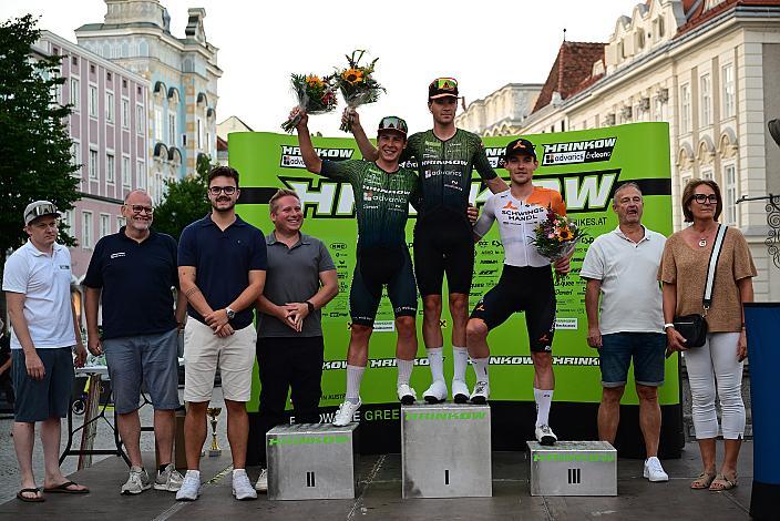 Siegerpodest Herren, 2. Platz Josef Dirnbauer (AUT, Hrinkow Advarics), Sieger Loic Bettendorff (LUX, Hrinkow Advarics), 3. Platz Adrian Stieger (AUT, Schwingshandl Intralogistics), 28. Int. ASVÖ - HRINKOW City Kriterium Steyr, Herren Elite, ÖRV, Radsport, Mountainbike, ELITE Rennrad