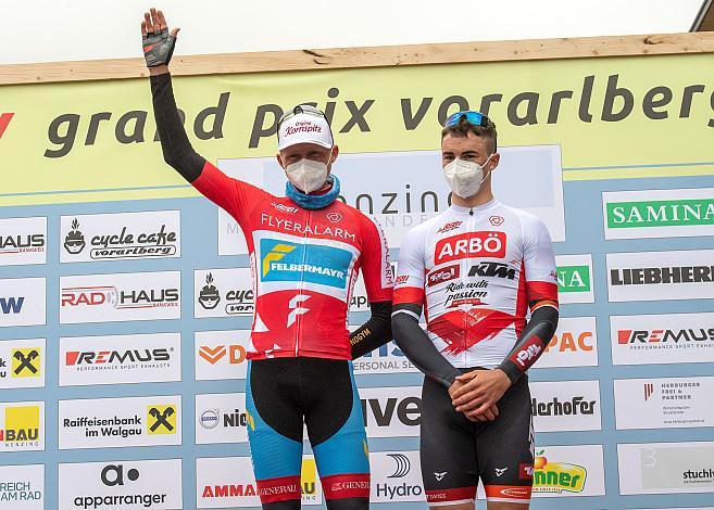 Moran Vermeulen (AUT, Team Felbermayr Simplon Wels) im Trikot des Gesamtführenden der ÖRV Radliga, Matevz Govekar (SLO, Tirol KTM Cycling Team), Führender  U23 Wertung.  Herren Elite, U23, Radliga, GP Vorarlberg, Nenzing