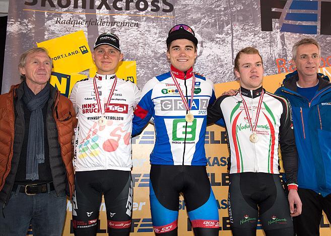 07.01.2018, St. Pölten, AUT, Rad Querfeldein Staatsmeisterschaft Elite Herren, 2018, St. Pölten, Niederösterreich, im Bild v.l. 2. Moran Vermeulen, (Tirol Cycling Team),  Sieger Felix Ritzinger (AUT, Biketeam Graz), 3. Platz Michael Holland