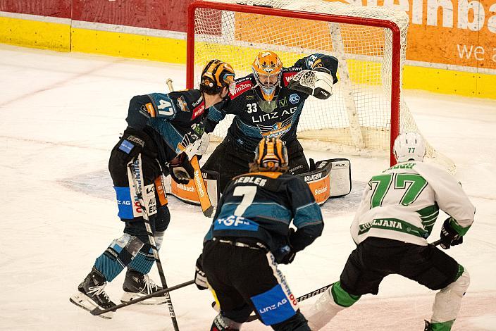 Tormann Thomas Höneckl (Steinbach Black Wings Linz), Trevor Gooch (HK SZ Olimpija), Brian Lebler (Steinbach Black Wings Linz), Logan Roe (Steinbach Black Wings Linz) Steinbach Black Wings Linz vs HK SZ Olimpija Ljubljana, Linz AG Eisarena 