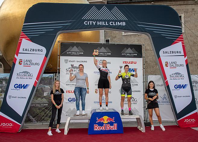 Podest Damen MTB Siegerin Katharina Sadnik, 2. Platz Franziska Niederacher 3. Platz Corinna Weber, City Hill Climb Salzburg, Festung Hohensalzburg, Radsport, Bergrennen