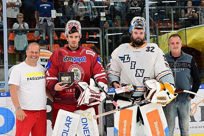 Spieler des Abends Tormann Jonas Langmann (EV Landshut), Tormann Rasmus Tirronen (Steinbach Black Wings Linz) Testspiel, Steinbach Black Wings Linz vs ELV Landshut , Linz AG Eisarena 