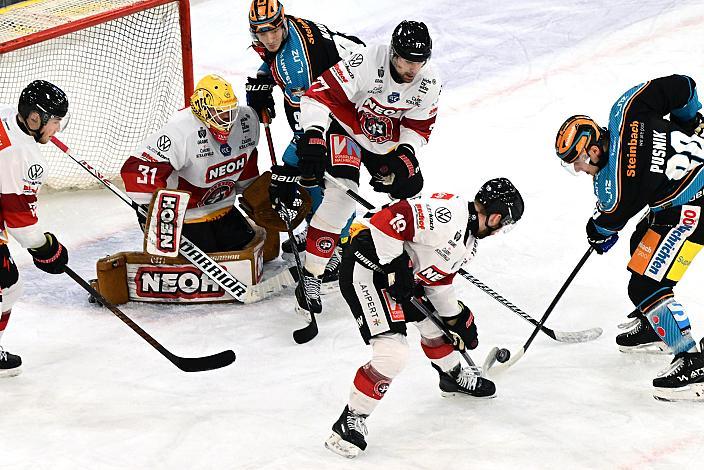  Tormann David Madlener (Pioneers Vorarlberg), Luka Maver (Steinbach Black Wings Linz), Julian Pusnik (Steinbach Black Wings Linz), Ivan Korecky (Pioneers Vorarlberg), Brady Gilmour (Pioneers Vorarlberg) Win2Day ICE Hockey League,  Steinbach Black Wings Linz vs  Pioneers Vorarlberg,  Linz AG Eisarena 