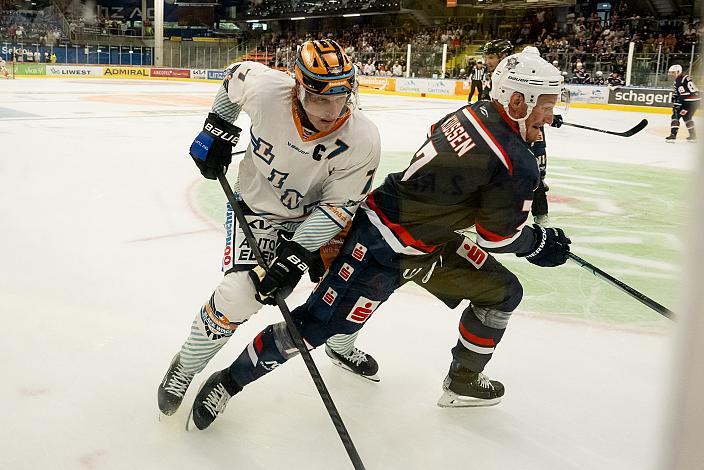 Brian Lebler (Steinbach Black Wings Linz), Joel Keussen (Kassel Huskies) Testspiel, Steinbach Black Wings Linz vs Kassel Huskies , Linz AG Eisarena 