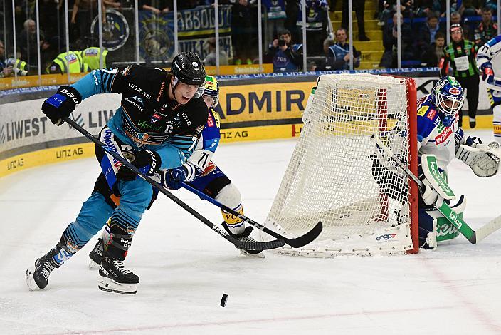 Brian Lebler (Steinbach Black Wings Linz), Steven Strong (EC iDM Wärmepumpen VSV), Tormann Joe Cannata (EC iDM Wärmepumpen VSV) Spiel 2 Pre-Playoffs,  ICE, Steinbach Black Wings Linz vs EC iDM Wärmepumpen VSV, Linz AG Eisarena 