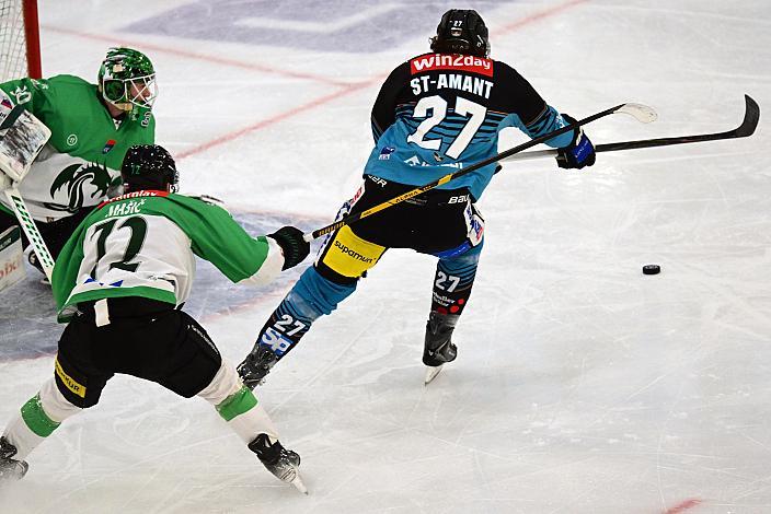Shawn St.Amant (Steinbach Black Wings Linz), Tormann Luka Kolin (HK Olimpija Ljubljana), Nik Simsic (HK Olimpija Ljubljana), 22. Runde ICE, Steinbach Black Wings Linz vs HK Olimpija Ljubljana, Linz AG Eisarena 
