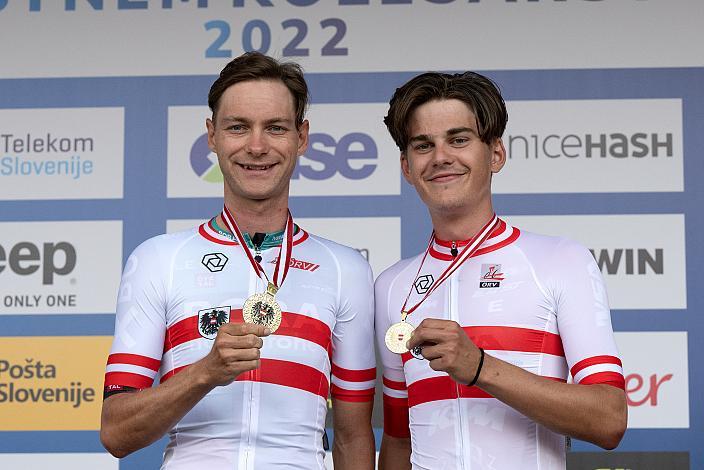 v.l. Meister Felix Grossschartner (AUT, Bora - Hansgrohe) Elite Herren, U23 Meister Maximilian Kabas (AUT, WSA KTM Graz pb Leomo) Österreichische Meisterschaft Einzelzeitfahren, Novo Mesto, Slowenien