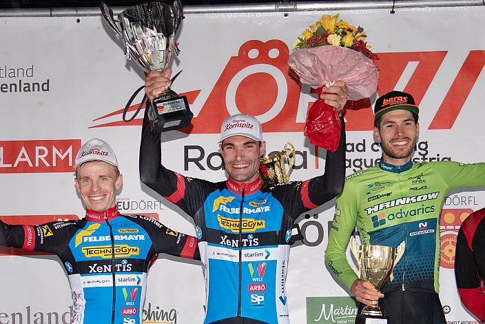 Das Podest v.l. Daniel Lehner (AUT, Team Felbermayr Simplon Wels), Sieger Manuel Bosch (AUT, Team Felbermayr Simplon Wels), 3. Platz Jonas Rapp (GER, Hrinkow Advarics Cycleang)  59. Burgenland Rundfahrt, Radsport, Radliga, ÖRV, Herren Elite,