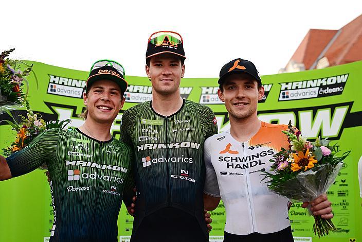Siegerpodest Herren, 2. Platz Josef Dirnbauer (AUT, Hrinkow Advarics), Sieger Loic Bettendorff (LUX, Hrinkow Advarics), 3. Platz Adrian Stieger (AUT, Schwingshandl Intralogistics), 28. Int. ASVÖ - HRINKOW City Kriterium Steyr, Herren Elite, ÖRV, Radsport, Mountainbike, ELITE Rennrad