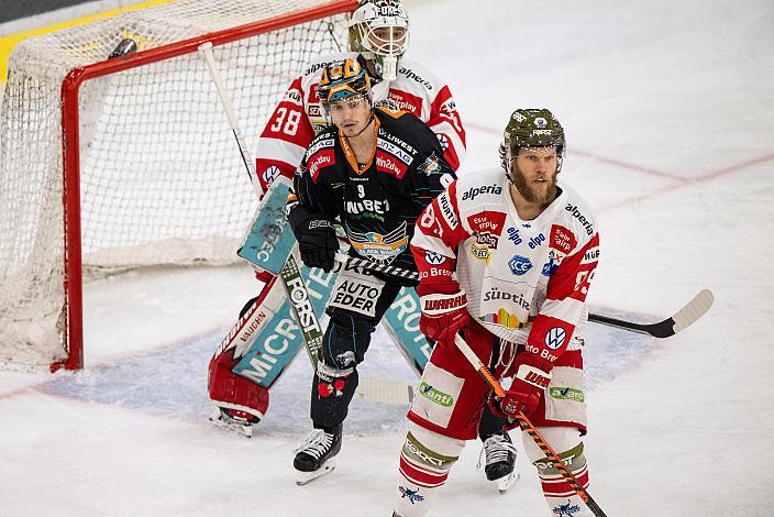 Tormann Samuel Harvey (HCB Suedtirol Alperia), Emilio Romig (Steinbach Black Wings Linz), Mike Dalhuisen (HCB Suedtirol Alperia), Steinbach Black Wings Linz vs HCB Südtirol Alperia, Viertelfinale, 4. Runde ICE Hockey League, Linz AG Eisarena 