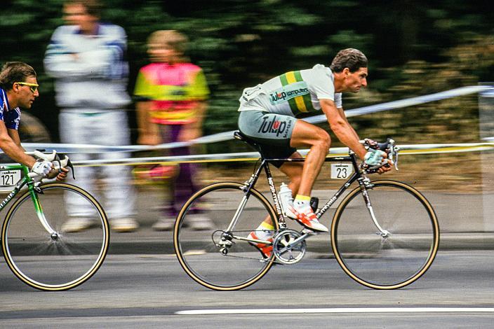 v.l. Charlie Mottet (FRA), Alan Peiper (AUS), Herren Profi Rennen, Strasse WM Stuttgart, 1991