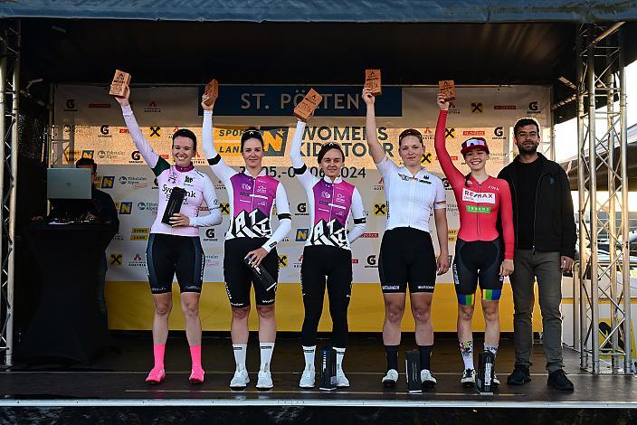 Podest 1b Etappe 4. Platz Michelle Andres (SUI, Team Sydbank BACH Advokater) 2. Platz Nikola Bajgerova (CZE, MAT Atom Deweloper Wroclaw), Siegerin Katarzyna Wilkos (POL, MAT Atom Deweloper Wroclaw) 3. Platz Messane Bräutigam (GER), 5. Beata Hermanove (SVK, Team Slovakia Mix) 30.05.2024 Rad 1b Etappe Sportland NOE WOMENS  KIDS Tour