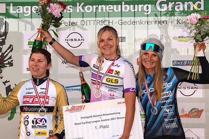 Podest Damen Radliga, v.l. 2. Platz Nadja Heigl (AUT, Servetto - Makhymo - Beltrami TSA), Siegertin Gabriela Erharter (AUT, Union Raiffeisen Radteam Tirol), 3. Platz Barbara Mayer (AUT, RC ARBÖ SK Voest), , 30. Peter Dittrich Gedenkrennen - Lagerhaus Korneuburg Grand Prix ÖRV RadLiga  Klein-Engersdorf, Damen 