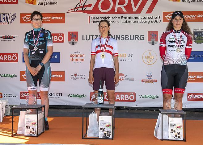 Siegerpodest Damen, 2. Platz , Astrid Lamprecht (AUT, C XTERRIANS Jauntal), Siegerin Staatsmeisterin Damen Anna Kiesenhofer (AUT, Team Cookina ARBOE ASKOE), 3. Platz Christina Schweinberger (AUT, Doltcini - Van Eyck) ÖSTM Einzelzeitfahren,  Lutzmannsburg, Österreichische Staatsmeisterschaft U23, Elite Damen und Herren