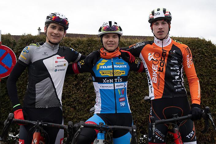 2. Platz Alexander Hammele (AUT, RSC Raika Krug Miemming), Sieger Junioren Moritz Doppelbauer (AUT, RC Arbö Wels), 3. Platz  Christoph Holzer (AUT, TSV BIKE TOTAL Hartberg), Rad Cyclo Cross, ÖSTM/ÖM Querfeldein Quer durch das Stadion