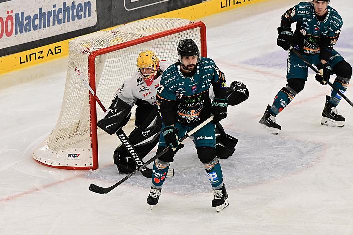 Tormann Alex Caffi (Pioneers Vorarlberg), Shawn St.Amant (Steinbach Black Wings Linz) 4. Runde ICE, Steinbach Black Wings Linz vs Pioneers Vorarlberg, Linz AG Eisarena 