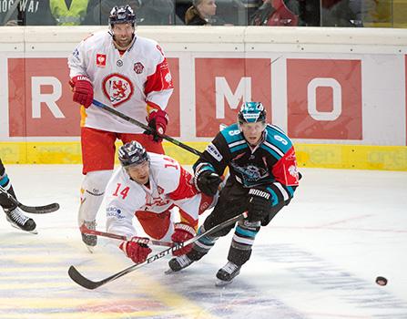 Jason Ulmer (EHC Liwest Black Wings Linz, #9) and forward Norm Milley of Dusseldorfer EG #14, EHC Liwest Black Wings Linz vs Duesseldorfer EG