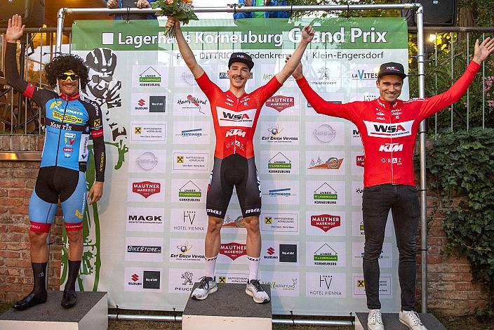 Podest Herren, v.l. 3. Platz Matthias Krizek (AUT, Team Felbermayr Simplon Wels). Sieger Valentin Götzinger (AUT, Team WSA Graz ARBOE), 3. Platz Felix Ritzinger (AUT, WSA KTM Graz), Heurigen Grand Prix Klein-Engersdorf,  U23, Elite Damen und Herren