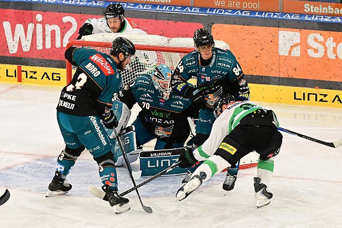Tormann Dylan Wells (Steinbach Black Wings Linz), Luis Lindner (Steinbach Black Wings Linz),  3. Runde ICE, Steinbach Black Wings Linz vs Olimpija Ljubljana, Linz AG Eisarena 