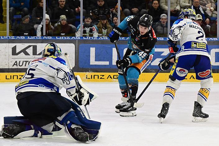 Tormann Joe Cannata (EC iDM Wärmepumpen VSV), Graham Knott (Steinbach Black Wings Linz), Dylan MacPherson (EC iDM Wärmepumpen VSV), 36. Runde ICE, Steinbach Black Wings Linz vs EC iDM Wärmepumpen VSV), Linz AG Eisarena 