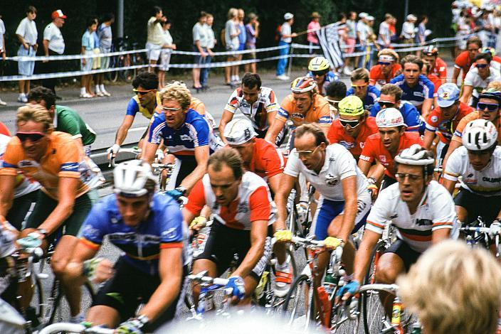 v.l. Adrie van der Poel (NED), Hans Lienhart (AUT) Herren Profi Rennen, Strasse WM Stuttgart, 1991