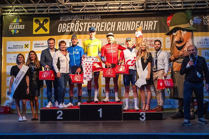 Podest Etappensieger, 2. Platz Daan Soete (BEL, Team Deschacht - Group Hens - Containers Maes) Sieger Tibor del Grosso (NED, Alpecin-Deceuninck Development Team), 3. Platz Victor van de Putte (BEL, Team Deschacht - Group Hens - Containers Maes)  und Bester Österreicher Daniel Federspiel (AUT, Team Felt - Felbermayr) Prolog Linz, 14. Int. Raiffeisen OÖ-Radrundfahrt UCI Kat. 2.2