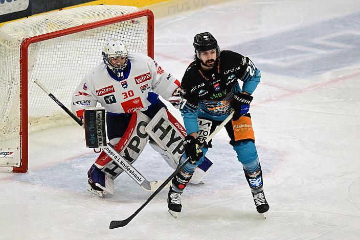 Tormann Matt Vernon (HC Tiwag Innsbruck - Die Haie), Ken Ograjensek (Steinbach Black Wings Linz), 26. Runde ICE, Steinbach Black Wings Linz vs HCInnsbruck, Linz AG Eisarena 